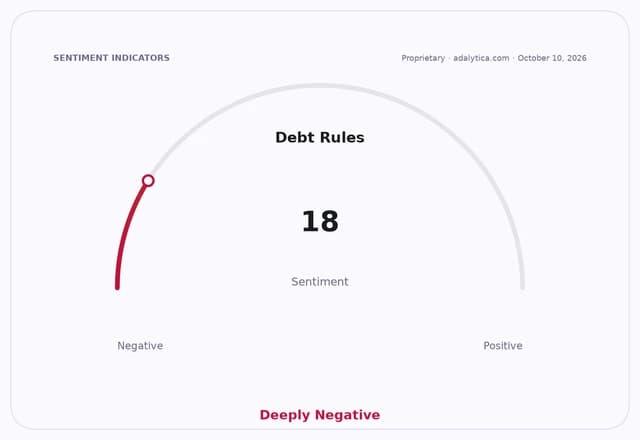 Sentiment gauge dial for 'Debt Rules' showing a deeply negative reading of 18.