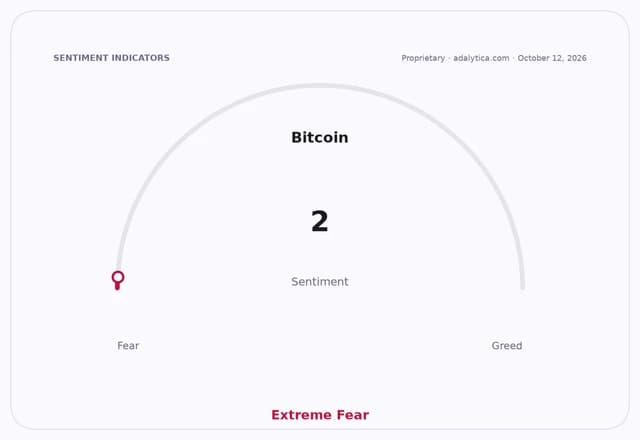 Bitcoin sentiment gauge dial pointing to 2, labeled Extreme Fear.
