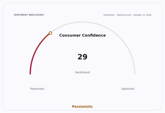 A gauge dial showing Consumer Confidence at 29, indicating a pessimistic sentiment.