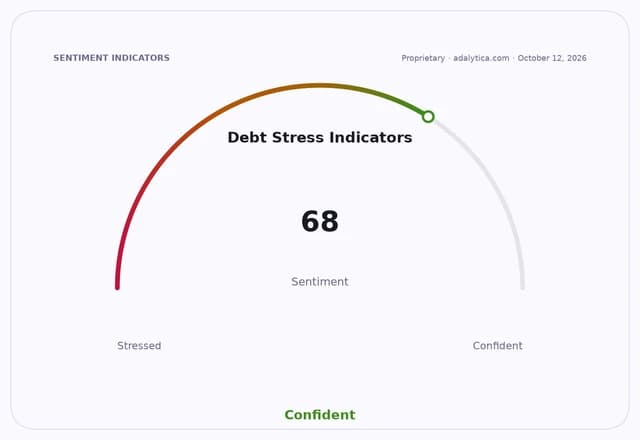 Debt Stress Indicators sentiment gauge dial pointing to 68, showing 'Confident'.