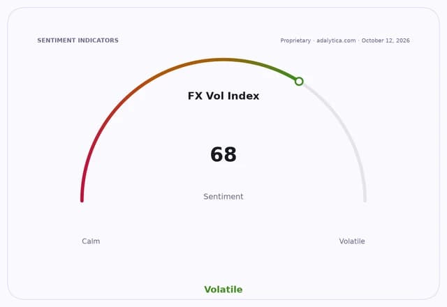 FX Volatility Index sentiment dial at 68, showing 'Volatile' conditions.