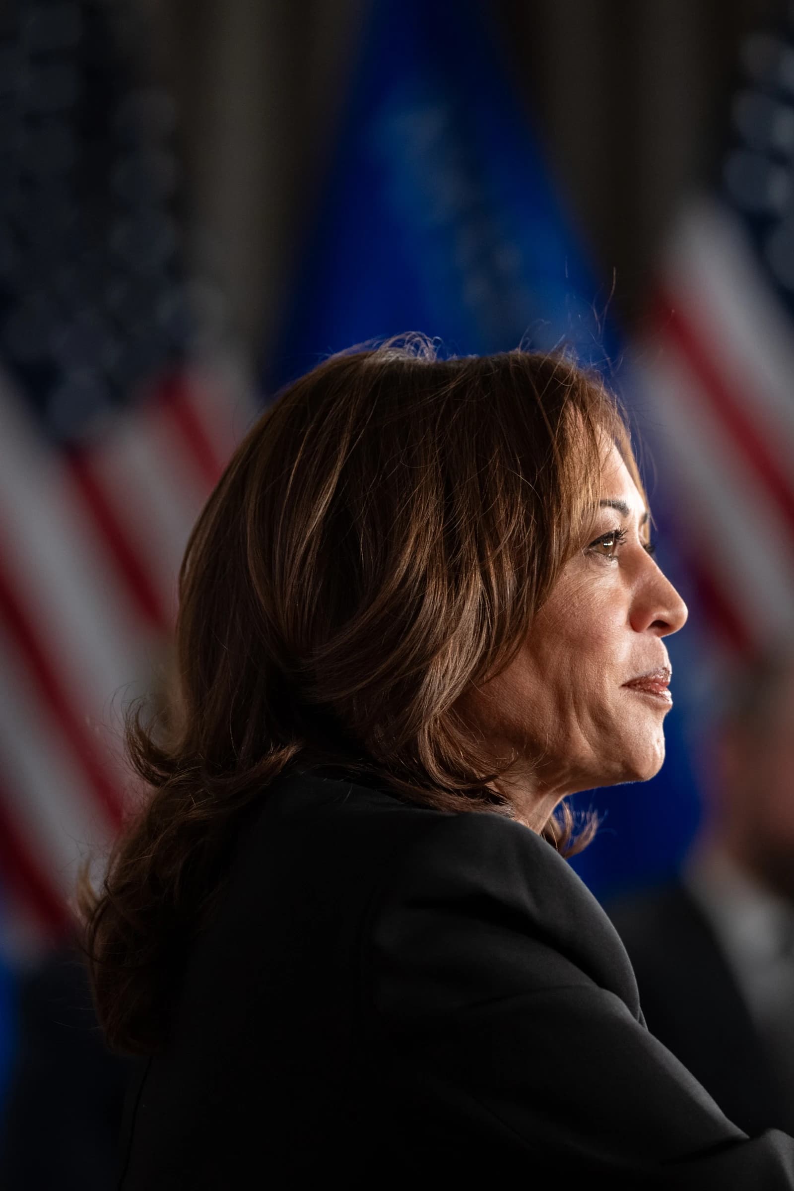 Kamala Harris, Vice President of the United States, looks toward the right.