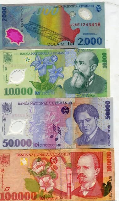 Several Romanian leu banknotes, including 2000, 10000, 50000, and 100000 denominations, fanned out.