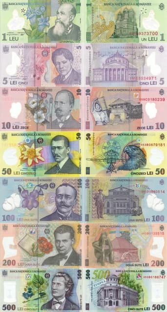 A full set of Romanian leu banknotes from 1 leu to 500 lei, arranged vertically.