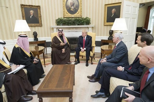 Donald Trump and Mohammed bin Salman meet during a discussion in the White House.