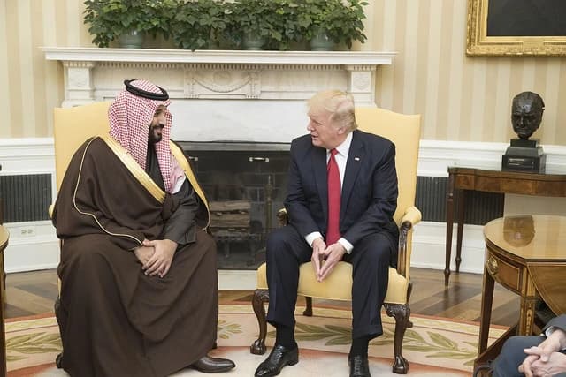 Donald Trump, President of the United States, and Mohammad bin Salman Al Saud, Deputy Crown Prince of Saudi Arabia, seated in conversation.