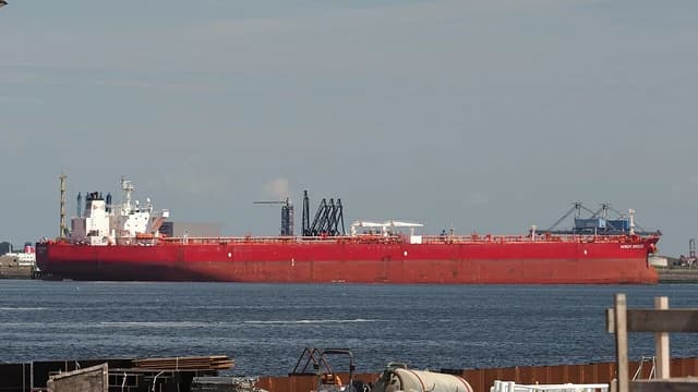 Crude oil tanker Nordic Breeze docked in the Port of Rotterdam.