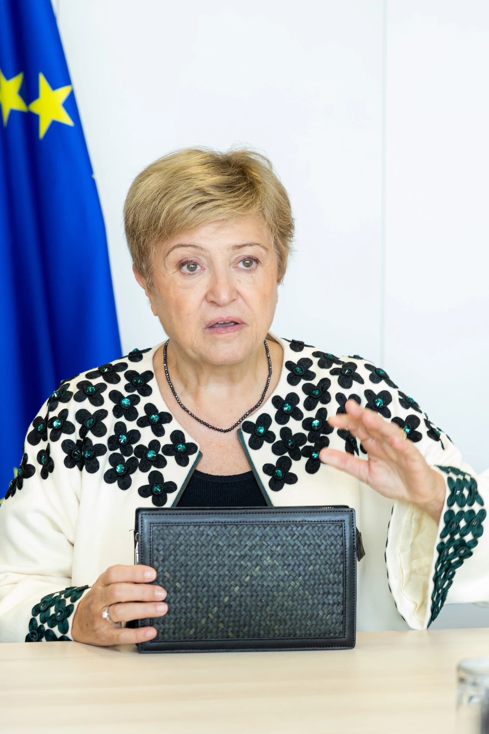 Kristalina Georgieva, Managing Director of the International Monetary Fund, speaking at a table.