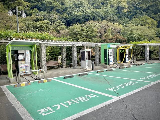 Electric vehicle charging stations with green parking spots on Jeju Island, South Korea.