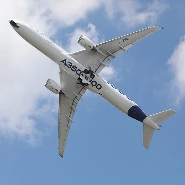 Airbus A350-1000, registration F-WMIL, flying high in a blue sky.