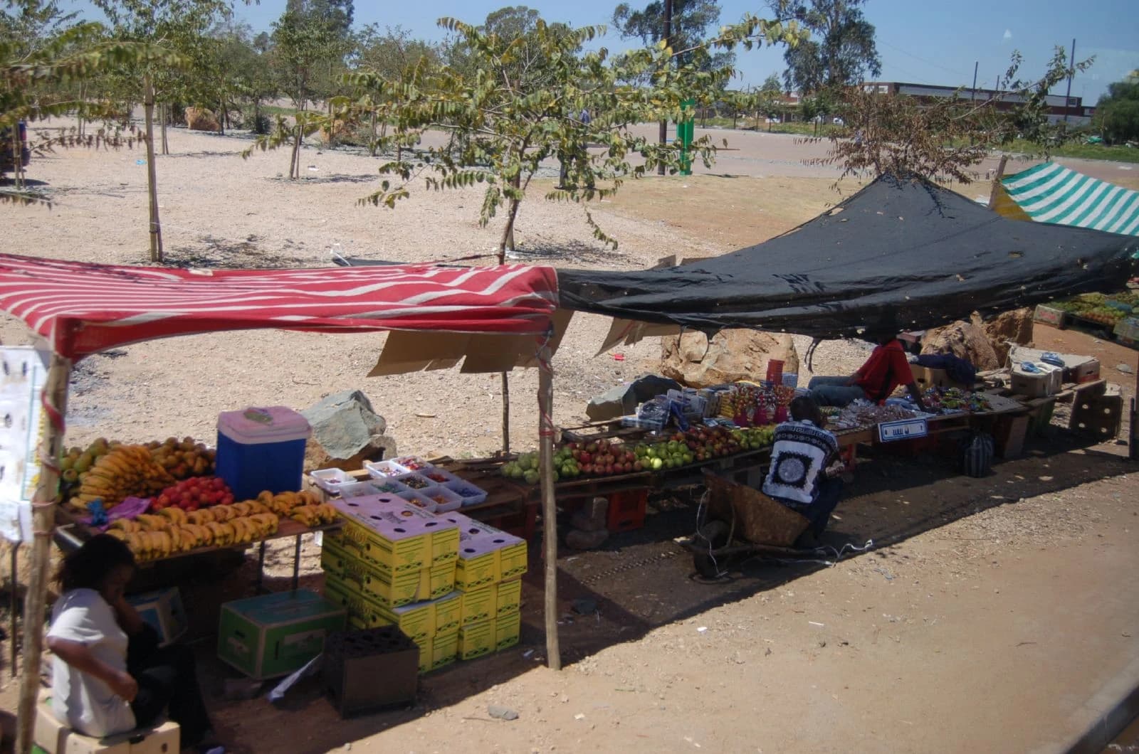 Several market stalls shaded by tarps, displaying fresh fruit, vegetables, and various packaged items.