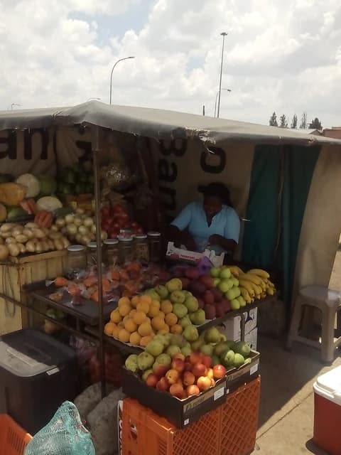 Vendor at a market stall with various fruits and vegetables for sale.