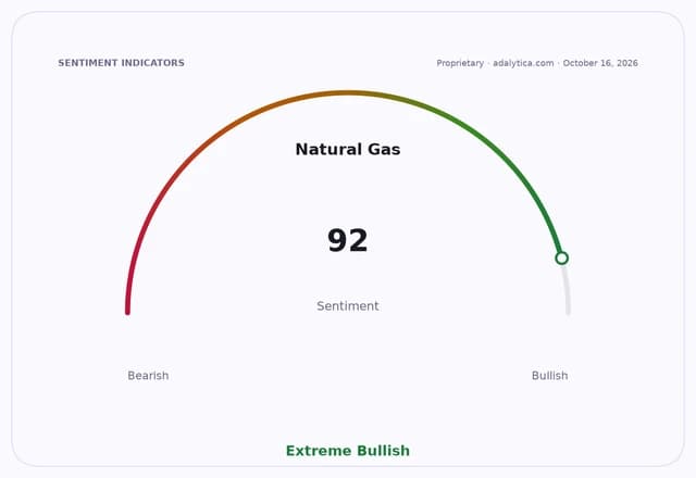 Natural Gas sentiment dial showing an 'Extreme Bullish' reading of 92.