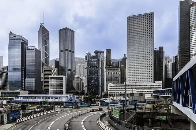 Skyscrapers and roads in the financial district of Hong Kong.