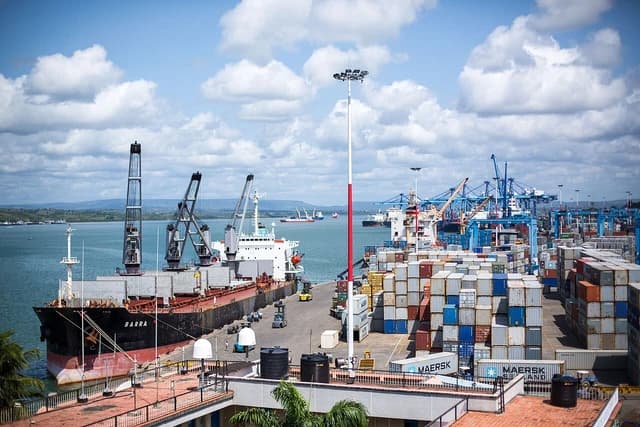 General view of Mombasa Port with ships and shipping containers on Kenya's Indian Ocean coast.