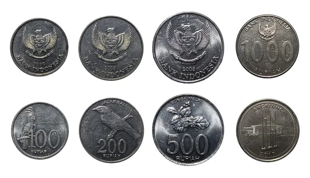 Close-up of various Indonesian Rupiah coins on a white surface.