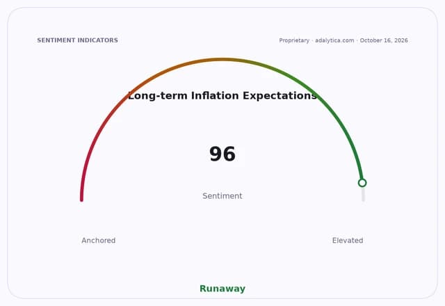 Gauge dial showing Long-term Inflation Expectations sentiment at 96, indicating 'Runaway'.