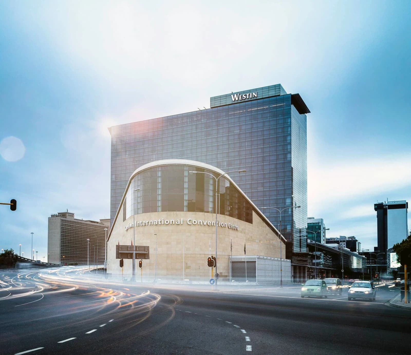 Exterior view of the Cape Town International Convention Centre, a modern building at dusk.