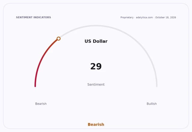 A sentiment dial showing US Dollar sentiment at 29, deeply in the Bearish zone.