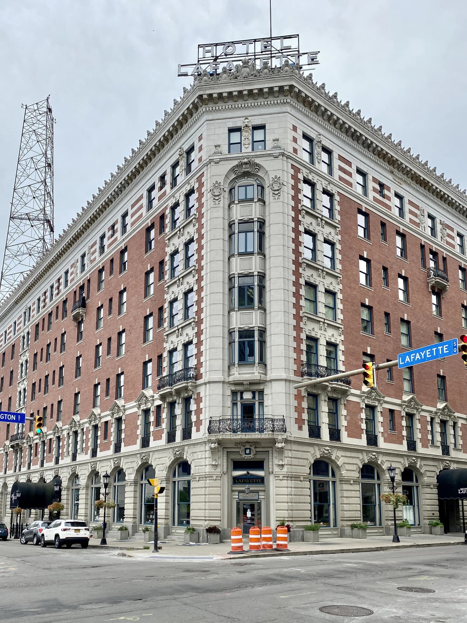 Hotel Lafayette, a historic building on a street corner in Buffalo, New York.