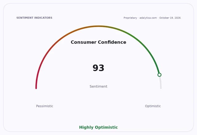 Consumer Confidence sentiment dial at 93, indicating a highly optimistic outlook.