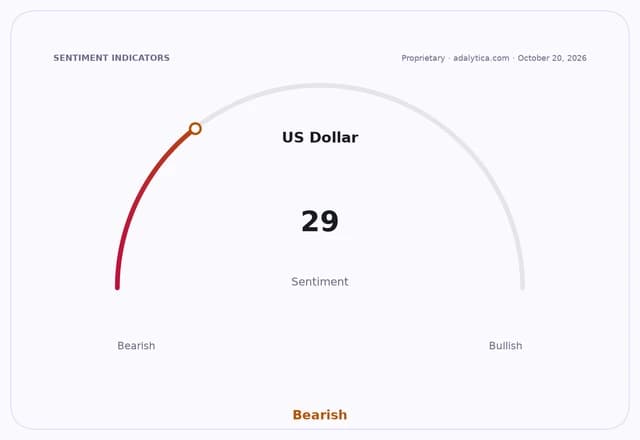 A sentiment dial showing US Dollar sentiment at 29, indicating a Bearish outlook.