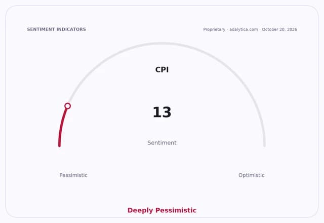 A sentiment gauge dial for CPI showing a deeply pessimistic reading of 13.