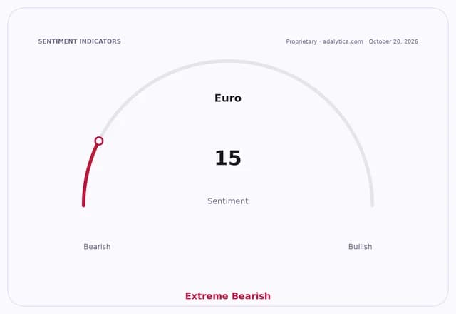 A sentiment gauge dial for the Euro, pointing to 15, indicating Extreme Bearish sentiment.