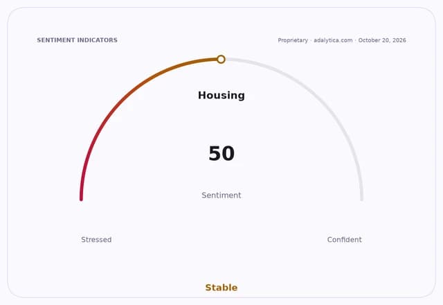 A sentiment gauge dial for Housing, pointing to 50, categorized as Stable.