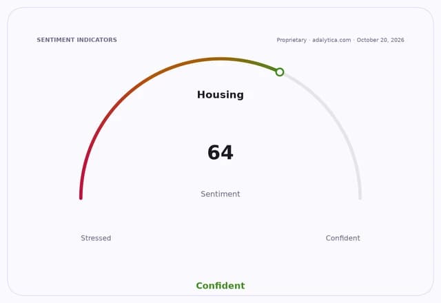 Housing sentiment dial showing a score of 64, indicating 'Confident' sentiment.