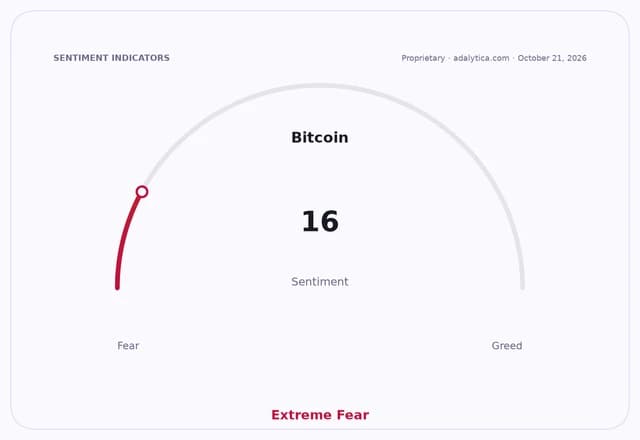 Bitcoin sentiment gauge dial showing a reading of 16, indicating Extreme Fear.