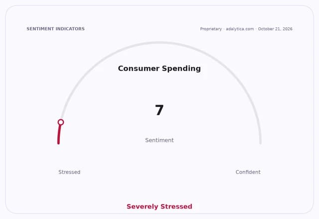 A gauge dial showing Consumer Spending sentiment at 7, classified as Severely Stressed.