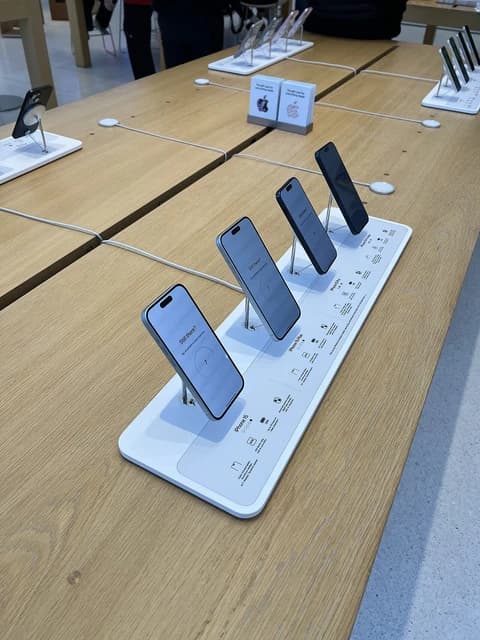 Apple iPhones displayed on a wooden table in an Apple Store.