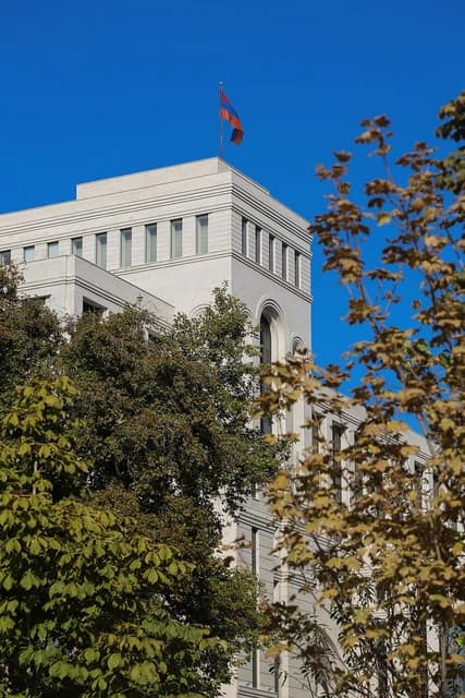 Building of the Ministry of Foreign Affairs in Armenia, with the national flag.