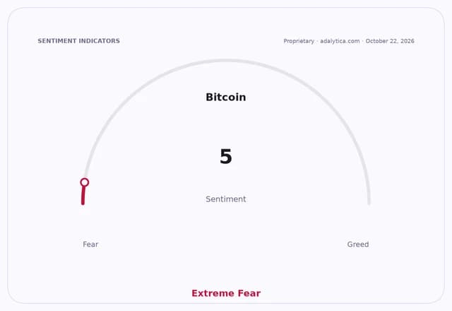 Bitcoin sentiment dial showing a reading of 5, indicating 'Extreme Fear'.