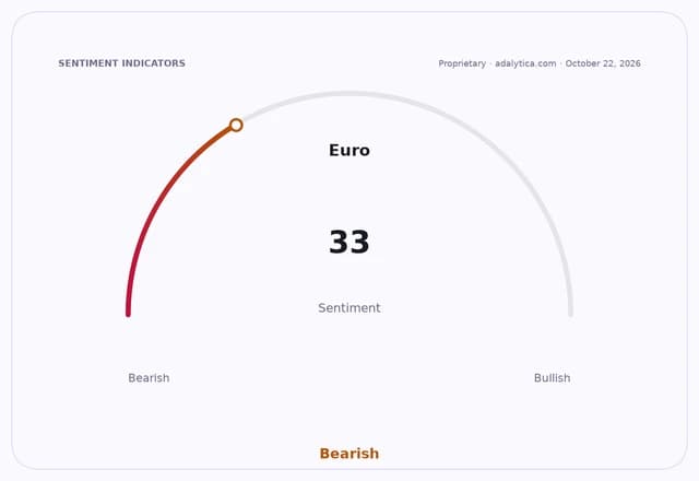 Sentiment gauge dial showing Euro sentiment at 33, categorized as Bearish.