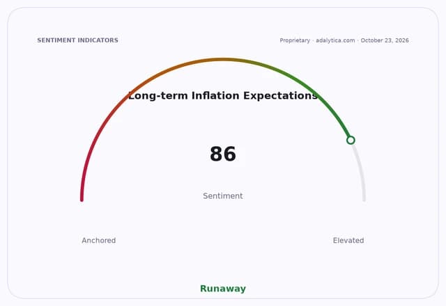 A sentiment gauge dial shows long-term inflation expectations at 86, labeled 'Runaway'.