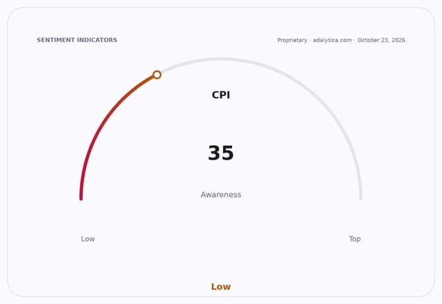 A sentiment gauge dial shows CPI awareness at 35, indicating a low level.