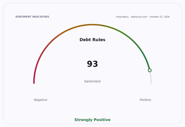 Sentiment gauge dial showing 'Debt Rules' at 93, in the Strongly Positive zone.