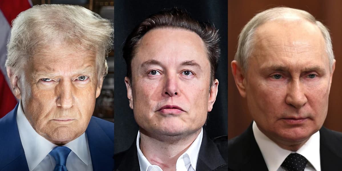 Donald Trump, Elon Musk, and Vladimir Putin in a composite image looking directly forward.