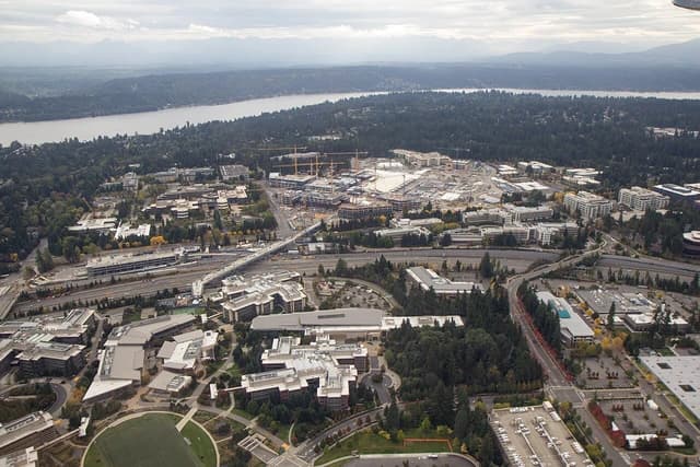 Aerial view of Microsoft's sprawling campus in Redmond, Washington, undergoing redevelopment.