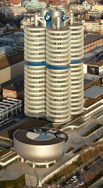 Aerial view of BMW Headquarters, a high-rise office building in Munich, Germany.