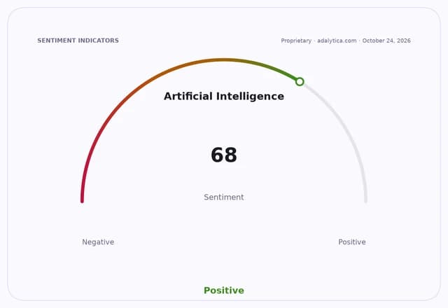 AI sentiment gauge dial shows a positive reading of 68 out of 100.