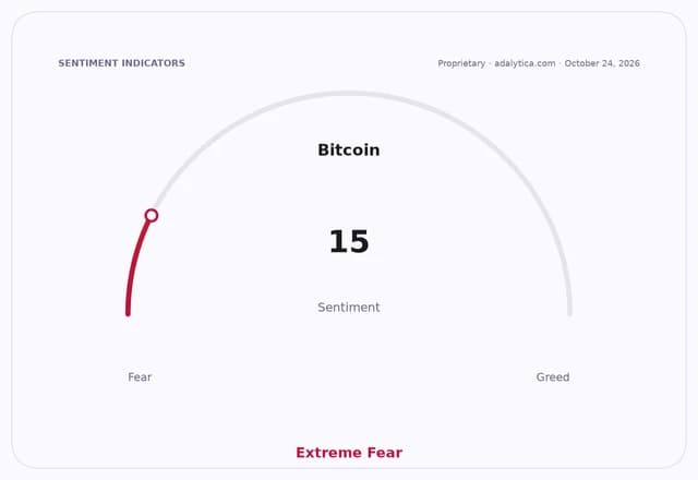 Bitcoin sentiment gauge dial reading 15, pointing to 'Extreme Fear' on October 24, 2026.
