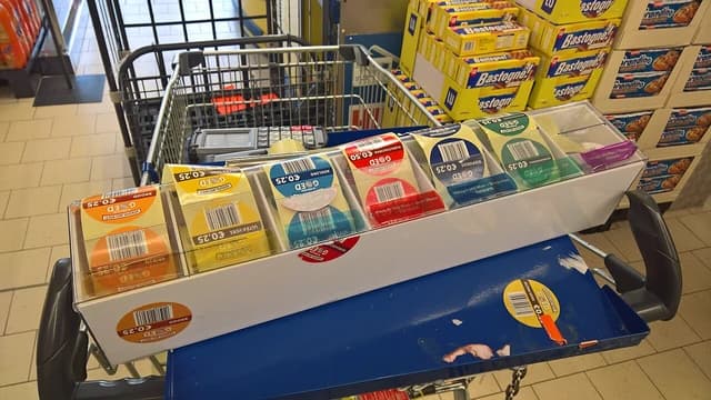 Shopping cart in a supermarket with various discount stickers attached.