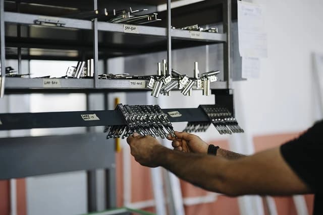 Worker's hands sorting small metal hardware components in a warehouse.