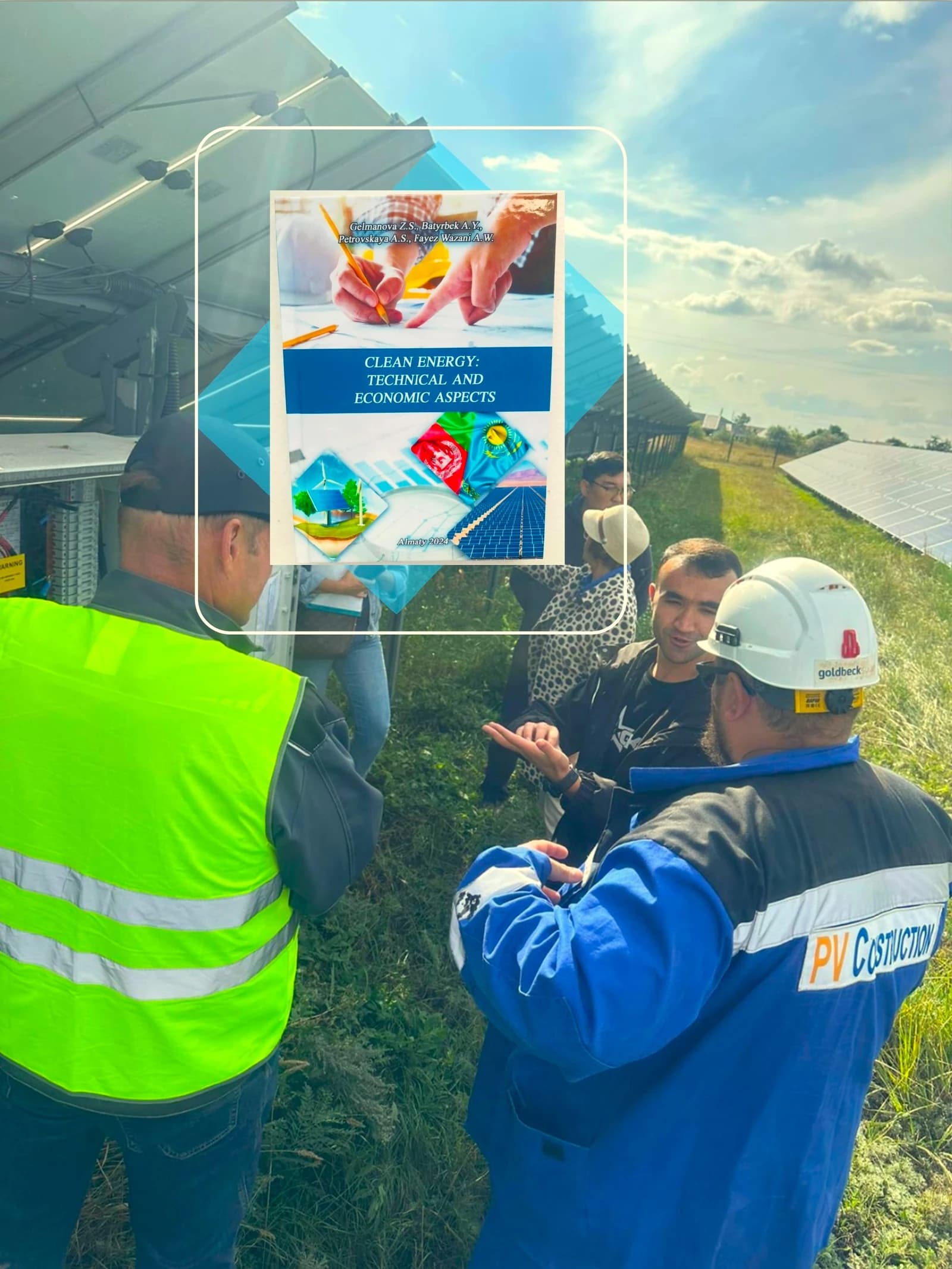 People in work attire and hard hats discussing at a solar power plant.