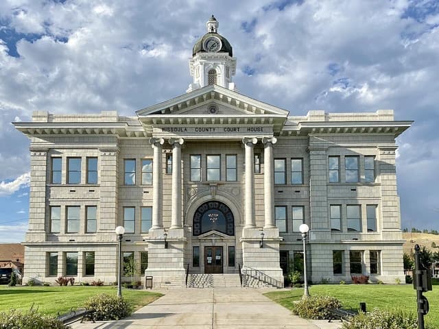 Missoula County Courthouse on Broadway Street, Missoula, Montana, with a clock tower.