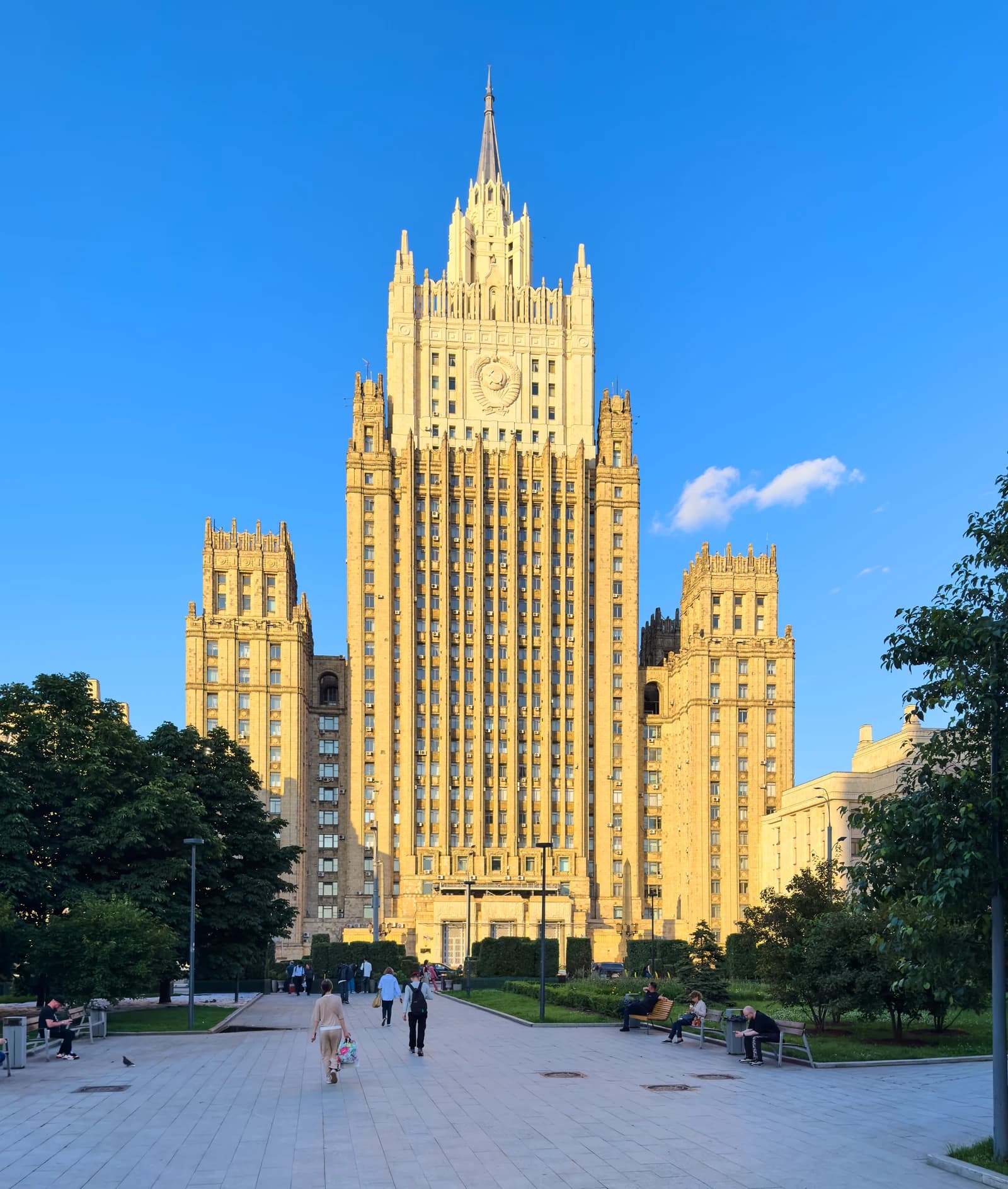 Ministry of Foreign Affairs of Russia building, a grand Stalinist skyscraper, standing against a blue sky.