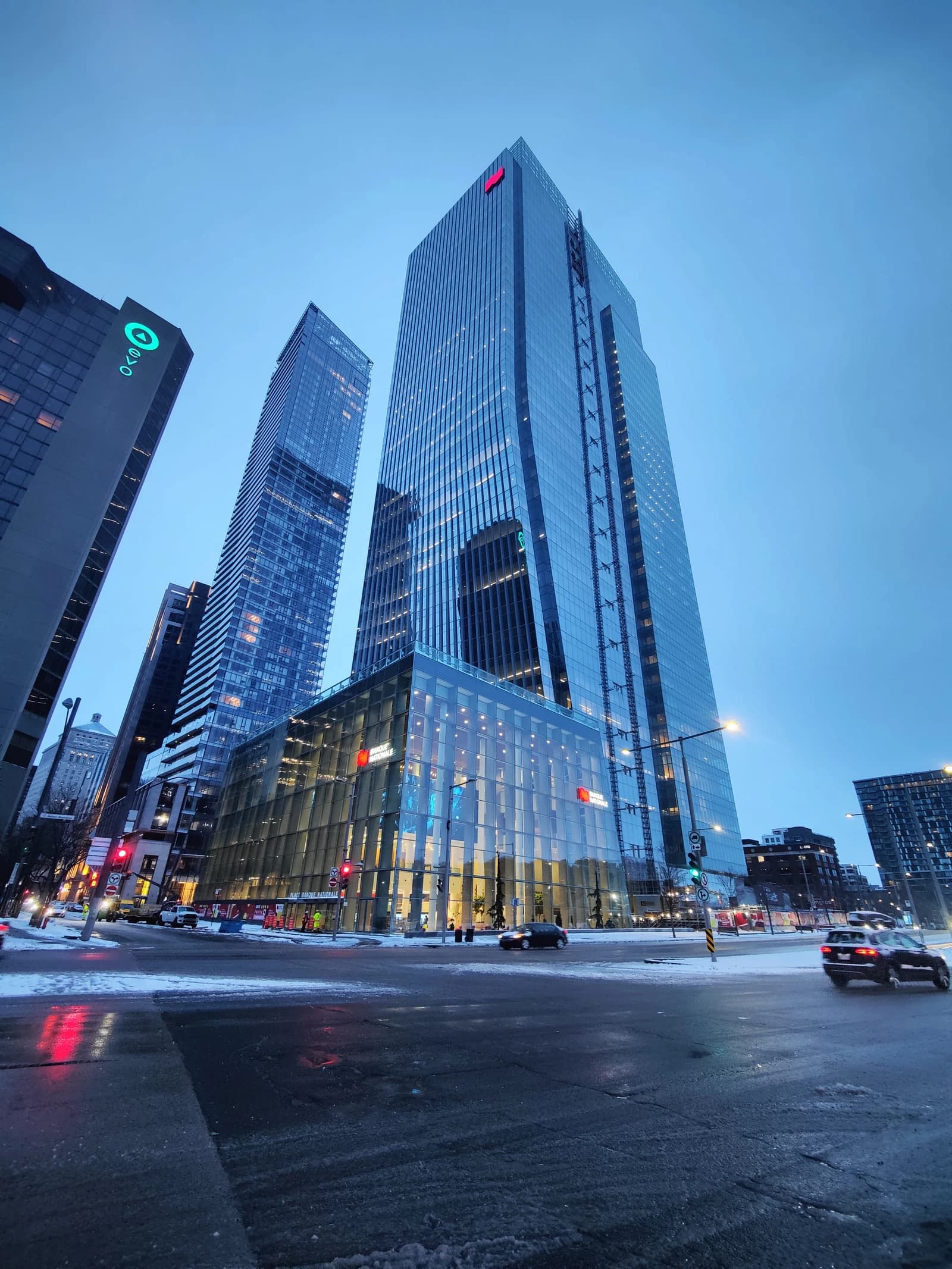 National Bank of Canada's headquarters, a tall glass building, in Montreal.